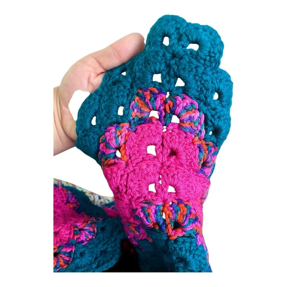 Handmade crocheted Afghan flowers and scalloped trim teal fuchsia unique granny